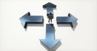 dört ok, merkezi üzerinde duran 4 k iş adamları yön seçin.