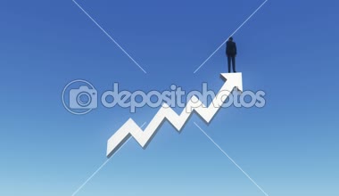 mavi gökyüzü arka plan karşı 3d beyaz olumlu trend ok üstünde duran 4 k işadamı.