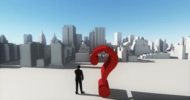 Businessman Standing Top Question Mark Overlook Abstract Urban Building Business — Stock Video