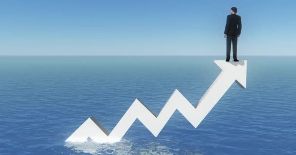 Businessman Standing Top White Positive Trend Arrow Facing Sea — Stock Video
