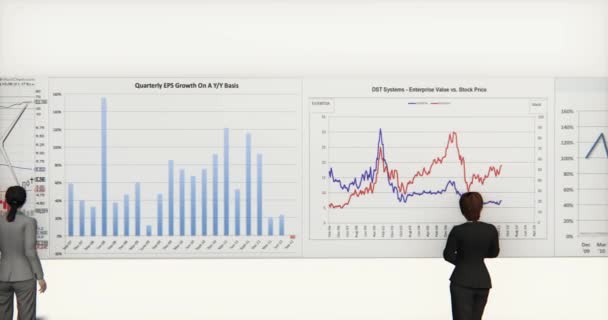 L'équipe d'affaires 4k analyse les diagrammes à secteurs financiers et les diagrammes de tendances boursières . — Video