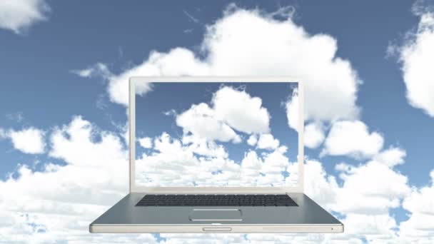 4 k σύννεφο αποθήκευσης δεδομένων υπολογιστή, φορητό υπολογιστή αναπαραγωγή βίντεο ώρα λήξη σύννεφα, μπλε ουρανό. — Αρχείο Βίντεο