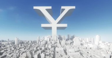 4 k Rmb sembolü ve soyut kentsel iş inşaat, 3d sanal geometrik şehir ofis binaları, hava görünümünü Newyork, web teknoloji.