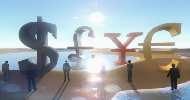 商业人围绕美元 人民币符号在沙漠和闪耀湖 — 图库视频影像