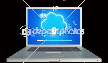 4k, bulut bilgi işlem bağlantı kavramları dizüstü ekran, sanal Internet kavramı, çizgi üzerinde Hizmetleri ve Sosyal Medya Icons yukarı yüzen.