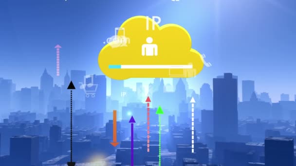 Aggiornare Informativa Cloud Scaricare Dati Moderno Edificio Urbano Caricare Scaricare — Video Stock