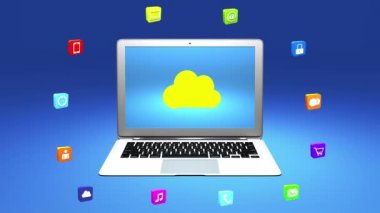 4k, bulut bilgisayar dizüstü backgroud, çizgi üzerinde Hizmetleri becerikli alet simgeler-tartışma, sosyal medya, e-posta, e-shop, bilgisayar, müzik, smartphone, grafik, etrafında sanal Internet kavramı kilit.