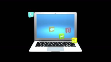 4k, yukarı yüzen dizüstü bilgisayar arka plan, çizgi üzerinde Hizmetleri becerikli alet simgeler-tartışma, sosyal medya, e-posta, e-shop, bilgisayar, müzik, smartphone, grafik, sanal Internet kavramı sembolü kilitlemek.