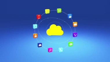 4k, güncelleştirme bilgilendirici bulut, sanal Internet konseptiyle ışınları ışık, dönen dünya, çizgi üzerinde Hizmetleri becerikli alet simgeler-tartışma, sosyal medya, e-posta, e-shop, bulut bilgisayar, müzik, smartphone, grafik, kilit için.