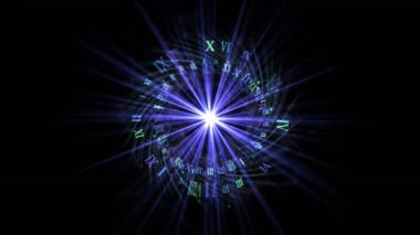 4k Roma numarasını döndürmek, ışınları ışık, enerji parçacıkları havai fişek arka plan, teknik saat veri yıldız.