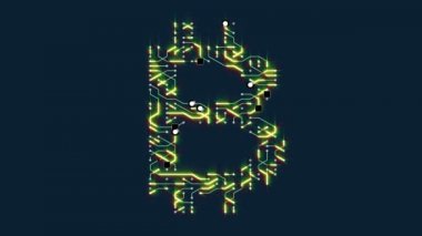 4k elektronlar hareketli futuristik bir devre kartı bitcoin para birimi SIG şeklinde.