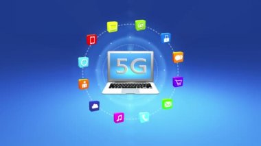 dizüstü ekran, sanal Internet kavramı, çevrimiçi hizmetler 4 k 5g sembolü ŞA