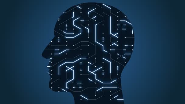 4k Brain head chip circuit digital line, people think AI artificial intelligence — стоковое видео