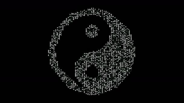 4k μια φουτουριστική πλακέτα κυκλώματος με κινούμενα ηλεκτρόνια σε σχήμα Orient taiji σύμβολο. — Αρχείο Βίντεο