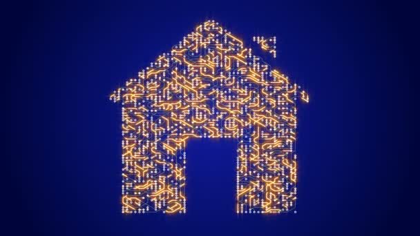4k a futuristic circuit board with moving electrons shaped house symbol. — Stock Footage 4k a futuristic circuit board with moving electrons shaped house symbol. Royalty Free Stock Video
