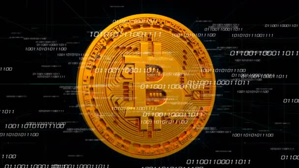 4k νόμισμα Bitcoin Crypto 3d περιστρέφει btc κέρμα οικονομικών επιχειρήσεων, δυαδικό κώδικα. — Αρχείο Βίντεο