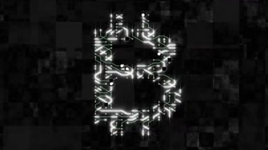4k elektronlar hareketli futuristik bir devre kartı bitcoin para birimi SIG şeklinde.