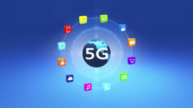 4 k 5g sembolü, kavram, çevrimiçi hizmetler simgeler, dünya döner etrafında sosyal medya.