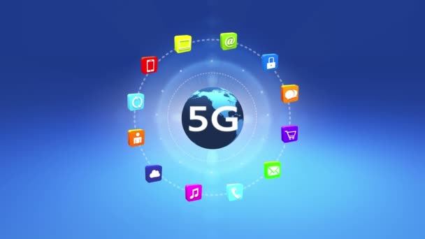 4 k 5g symbool, concept, onlineservices pictogrammen, sociale media rond de aarde draaien. — Stockvideo