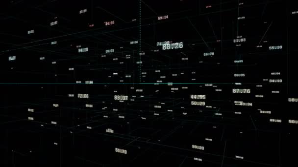 Стена бизнес-данных 4k, Финансовые показатели через технологические номера cyberspace.network — стоковое видео