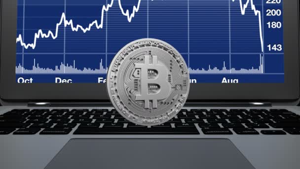 4k 3D-s Bitcoin Crypto valuta logó laptop, blokk-lánc trend diagram képernyőn. — Stock videók