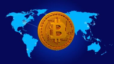 4k Bitcoin kripto para birimi Logo 3d btc para finans iş, Dünya Haritası döner.