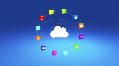 4k, güncelleştirme bilgilendirici bulut, sanal Internet konseptiyle ışınları ışık, dönen dünya, çizgi üzerinde Hizmetleri becerikli alet simgeler-tartışma, sosyal medya, e-posta, e-shop, bulut bilgisayar, müzik, smartphone, grafik, kilit için.