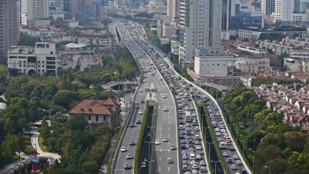 Tid Förflutit Flygfoto Över Freeway Storstan Rusningstid Tung Trafik Sylt — Stockvideo