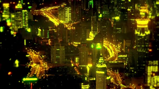 Elevated View Urban Traffic Flow High Rise Buildings Night Shanghai — стоковое видео