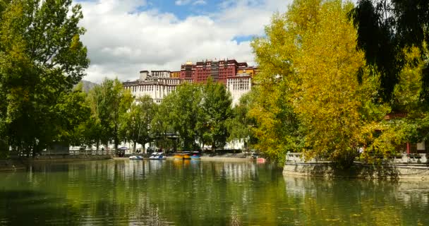 4k Potala riflessione sul lago nel parco di Lhasa, Tibet.lake con albero in autunno . — Video Stock