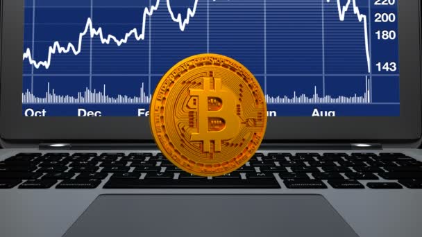 Logotipo de moneda de 4k 3D Bitcoin Crypto en el ordenador portátil, gráfico de tendencias de cadena de bloques en la pantalla . — Vídeo de stock