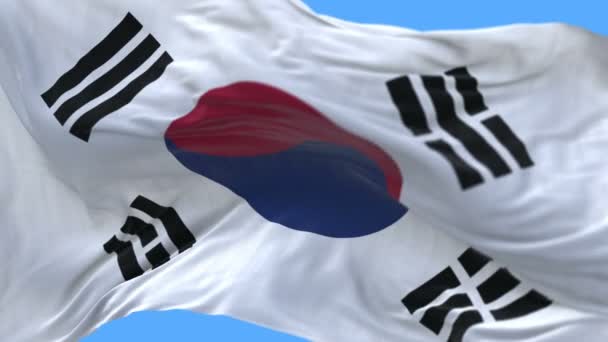 4k naadloze close-up van de Koreaanse vlag langzaam zwaaien in de wind. alfakanaal opgenomen. — Stockvideo