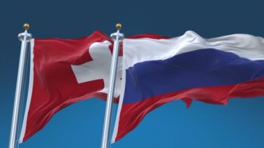 4k Dikişsiz İsviçre ve Rusya Bayrakları mavi gökyüzü arka plan ile, Sui Ch Rus Ru