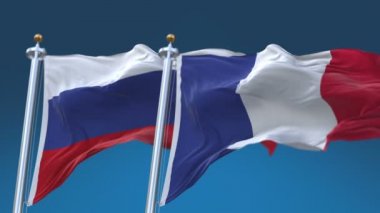 Mavi gökyüzü arka plan ile 4k Dikişsiz Fransa ve Rusya Bayrakları, Fra Fr Rus Ru.