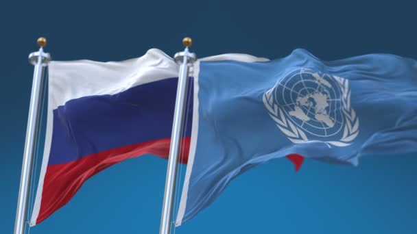 4k Bandiere senza soluzione di continuità delle Nazioni Unite e della Russia con sfondo cielo blu, UN RUS . — Video Stock