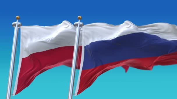 4K απρόσκοπτη Πολωνία και Ρωσία σημαίες με μπλε ουρανό φόντο, pol pl Rus ru. — Αρχείο Βίντεο