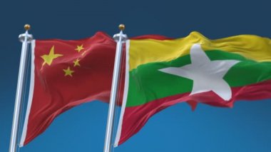 4k Kusursuz Myanmar ve mavi gökyüzü arkaplanlı Çin Bayrakları, MYA CN.
