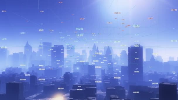 4K, Financial Tech digital data med Urban Building och skyskrapor bakgrund. — Stockvideo
