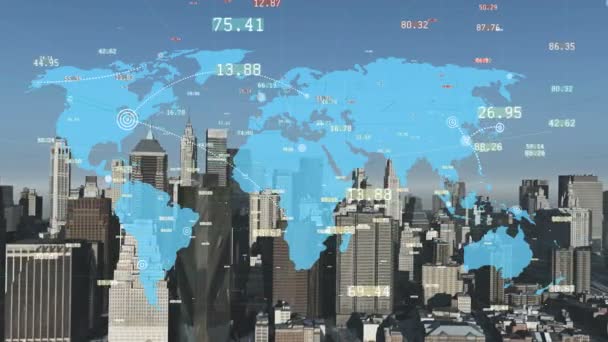4k Finanztechnologie Big Data Globus, städtisches Gebäude, Netzwerk, das Konnektivität vermittelt. — Stockvideo