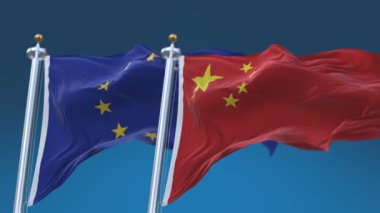 4k Dikişsiz Avrupa Birliği ve Çin Bayrakları mavi gökyüzü arka plan ile, Eu Cn.