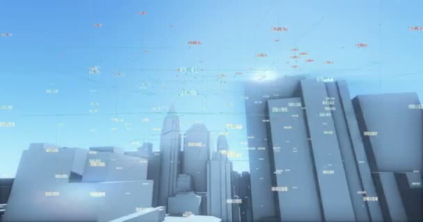 4k, données numériques de technologie financière, bâtiment urbain 3d et fond de gratte-ciel .