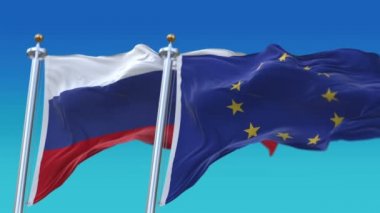 4k Dikişsiz Rusya ve Mavi gökyüzü arka plan ile Avrupa Birliği Bayrakları, Rus Eu.
