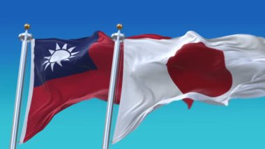 Mavi gökyüzü arka plan ile 4k Dikişsiz Tayvan ve Japonya Bayrakları, Twn Jp.