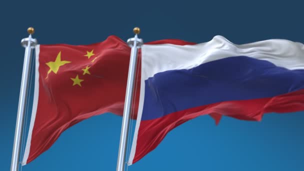 4k nahtlose Russland und China Flaggen mit blauem Himmel Hintergrund, rus cn. — Stockvideo