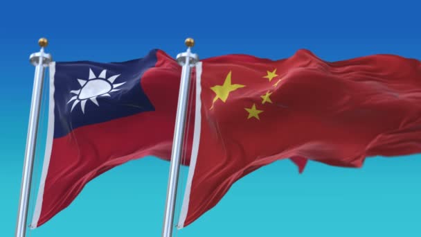 4k naadloze Taiwan en China vlaggen met blauwe hemel achtergrond, TWN CN. — Stockvideo