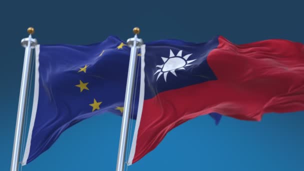 4K bezszwowe Tajwan i Unia Europejska flagi z niebieskim tle nieba, TWN UE. — Wideo stockowe