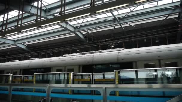 Estación de metro de Shangai, gente ocupada multitud dentro del tren en la ciudad urbana moderna . — Vídeo de stock