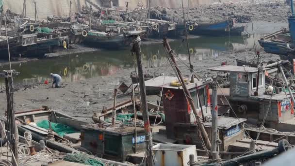 Arbeiter säubern den Mündungsschlamm, Boote im Hafen. — Stockvideo