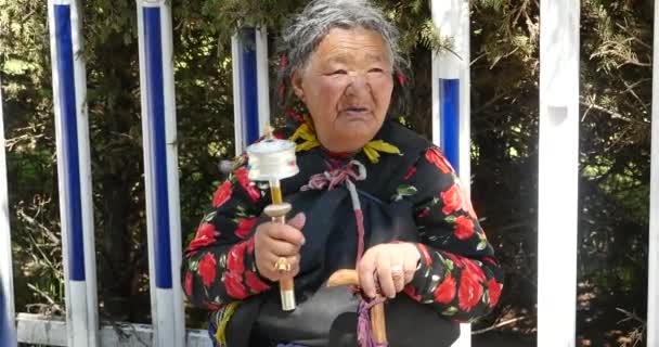 4k古いチベットの女性は、金属の祈りのチューブ&回転祈りの車輪を保持します. — ストック動画