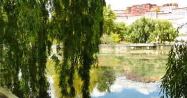 Lhasa park,Tibet.lake willow ile gölde 4 k Potala yansıması.